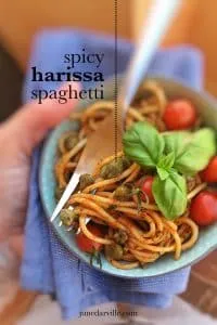 Easy Spicy Pasta with Harissa Paste Red alert because this hot and spicy pasta bowl is so addictive! It contains al dente spaghetti, capers in brine, olive oil and highly delicious harissa paste.