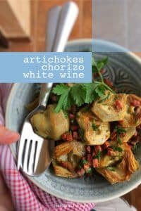 Best Chorizo Artichokes in White Wine Pan fried artichokes in white wine sauce with dried chorizo sausage and fresh parsley! This winner is a great vegetable side dish for grilled steaks or fish!