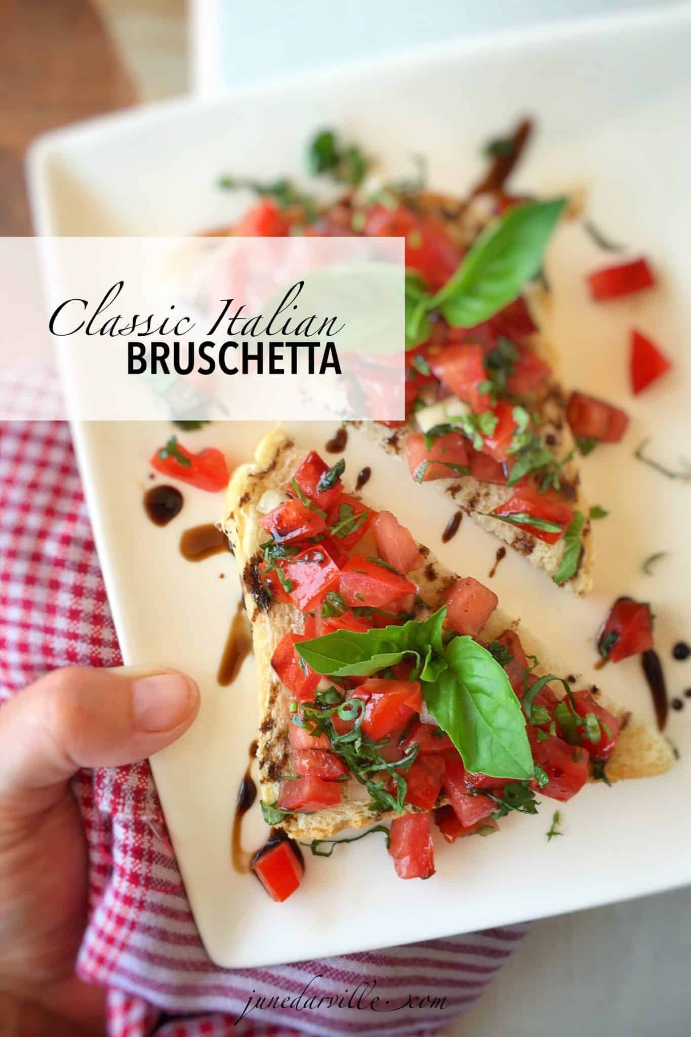 Here's a classic summer appetizer: my Italian bruschetta recipe. Plain and simple diced tomatoes with fresh basil on grilled bread crostini. Light and healthy!