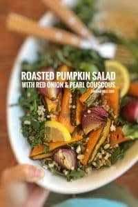 Easy Roasted Pumpkin Salad with Couscous Here's a wholesome roasted pumpkin salad with roasted red onion, arugula, pearl couscous and pumpkin seeds. What a top notch vegetarian dinner this is as well