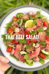 Easy Spicy Thai Beef Salad Recipe An easy Thai recipe: chilled Thai beef salad with cucumber, tomatoes, mint, cilantro and red onion in a spicy fish sauce and lemon marinade!