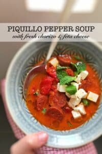 Canned peppers, fresh chorizo and feta cheese: the perfect quick and easy lunch! This piquillo pepper soup is to die for...