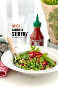 Best #1 Green Pea Stir Fry Asian Style Pea stir fry with explosive Asian flavors: oyster sauce, freshly grated ginger, soy sauce, sriracha chili sauce, tomato paste and lemon juice!