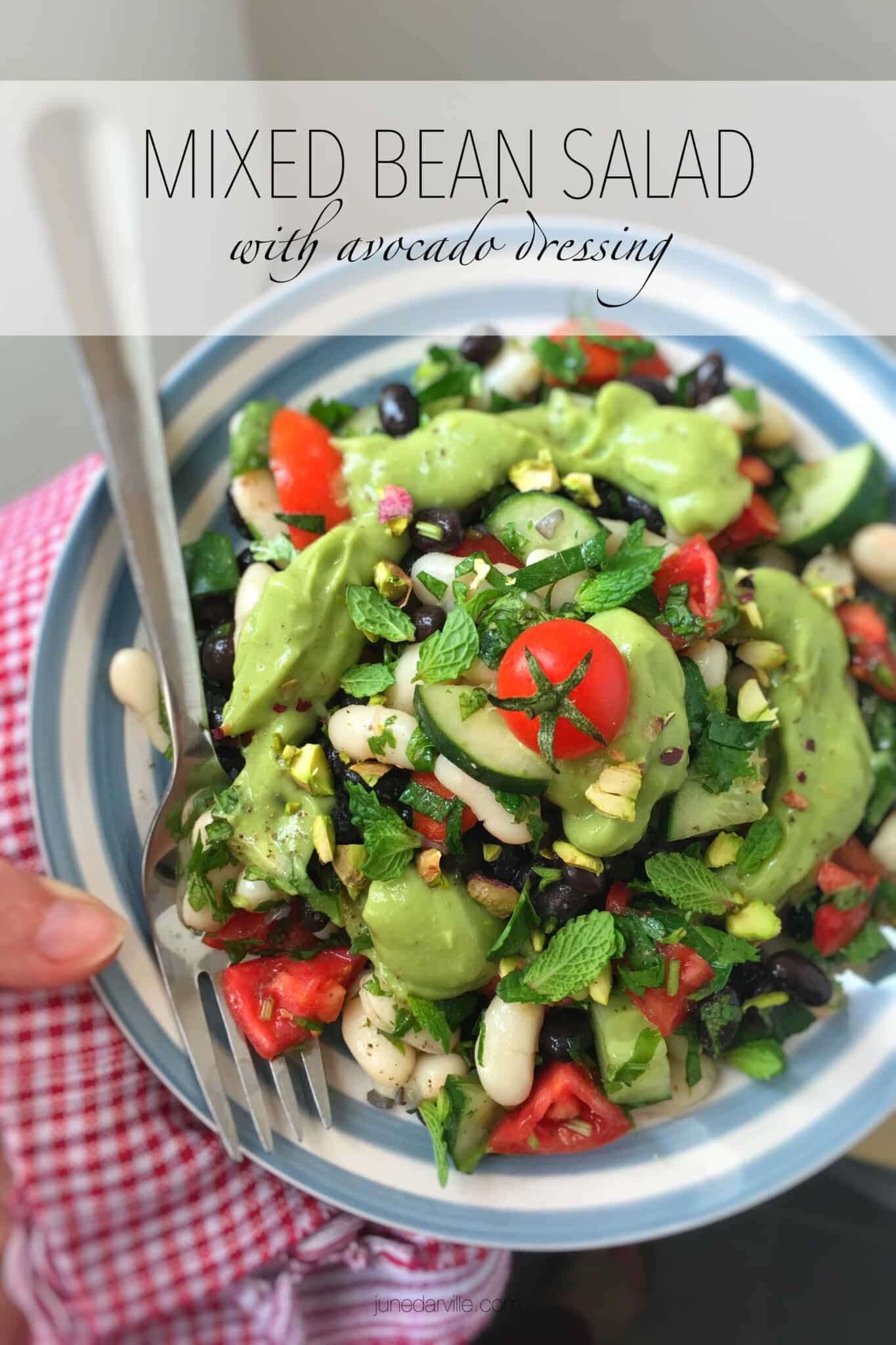 Easy Avocado Dressing for Bean Salads A bunch of beans and vegetables topped with a layer of this gorgeous creamy avocado dressing... What a great lunch idea!!