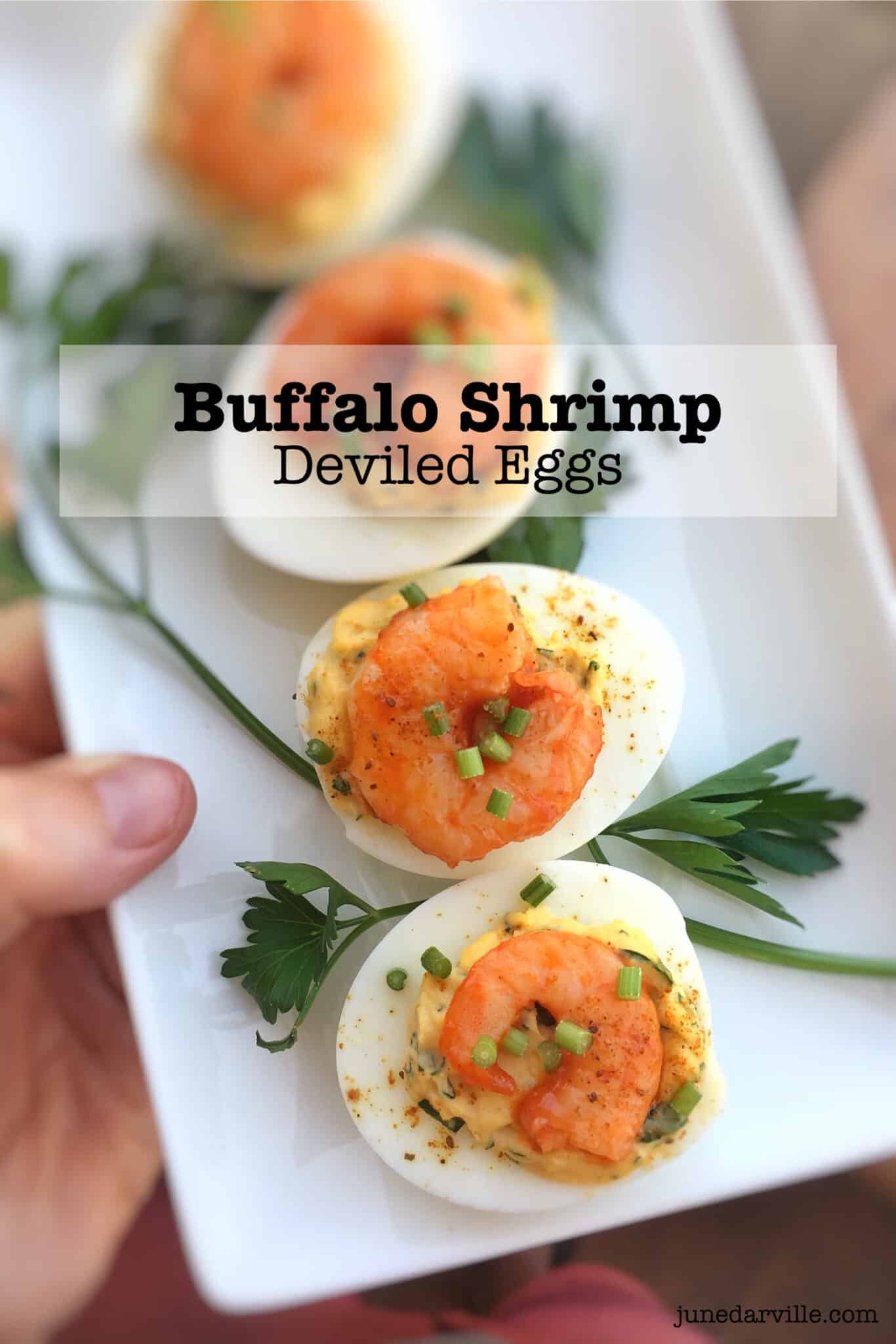 Appetizer, snack or lunch: these buffalo shrimp deviled eggs are a-mazing! That creamy egg yolk filling and the spicy prawns are a match made in heaven...