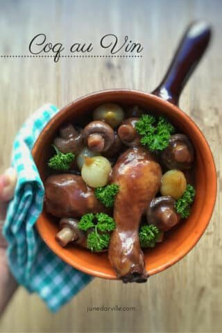 Easy French Coq au Vin Chicken Stew Classic coq au vin recipe, a French chicken in red wine stew with mushrooms! And a great make ahead dinner... Serve with mashed potatoes or fries!