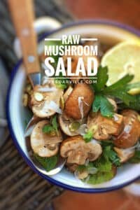 Easy Raw Mushroom Salad Recipe My raw mushroom salad recipe: an easy salad of raw mushrooms with a lemony olive oil dressing, fresh mint, pumpkin seeds and parmesan cheese!