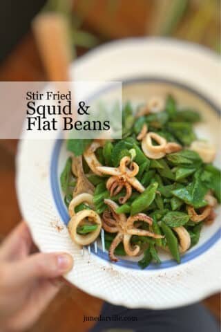 Easy Squid with Flat Beans (Judías con Calamares) A fond food memory from Madrid: stir fried saffron squid with flat beans! Or in Spanish: judías con calamares... Surprising combo!