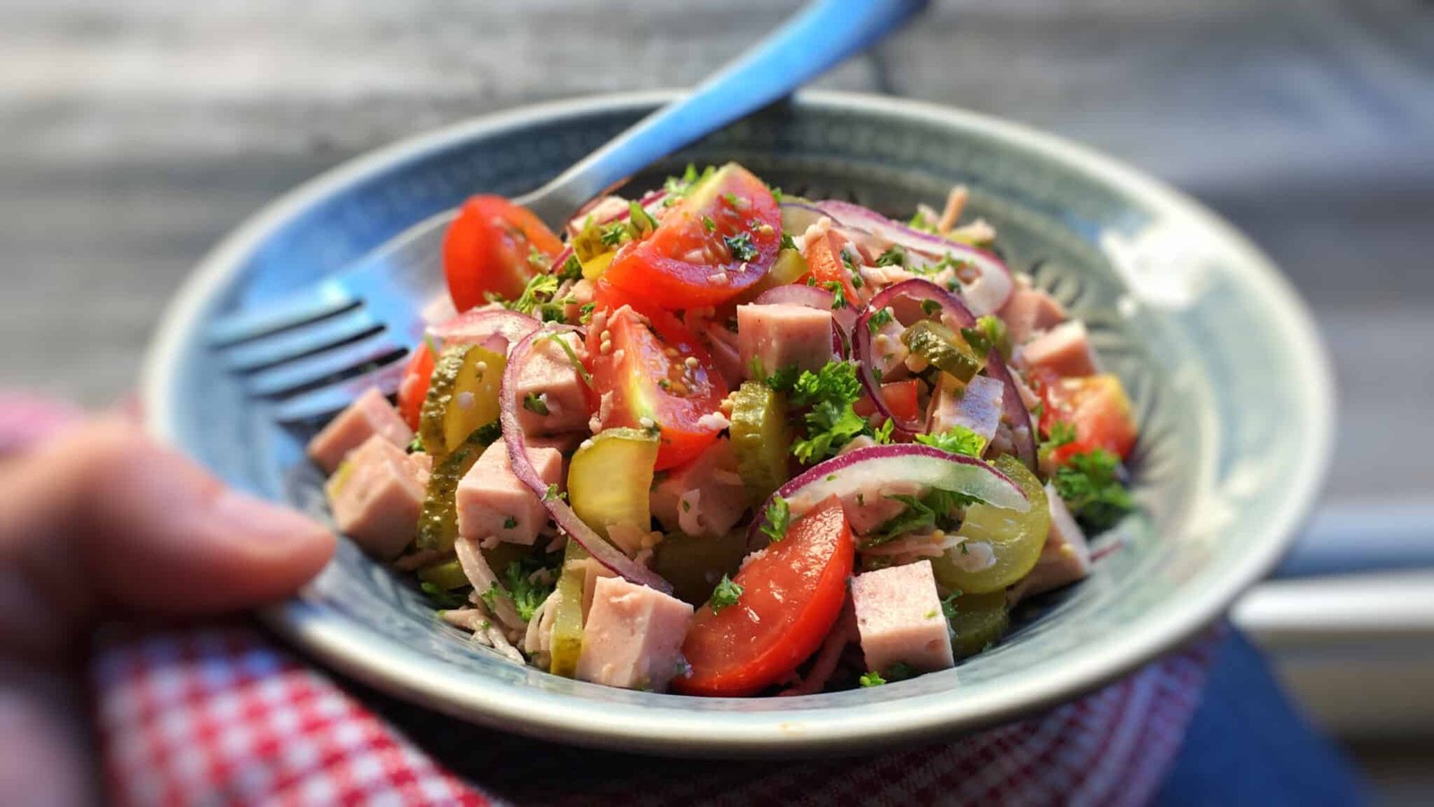Classic Bavarian wurstsalat, a German bologna sausage salad with cherry tomatoes, vinegar, red onion and pickled gherkins!