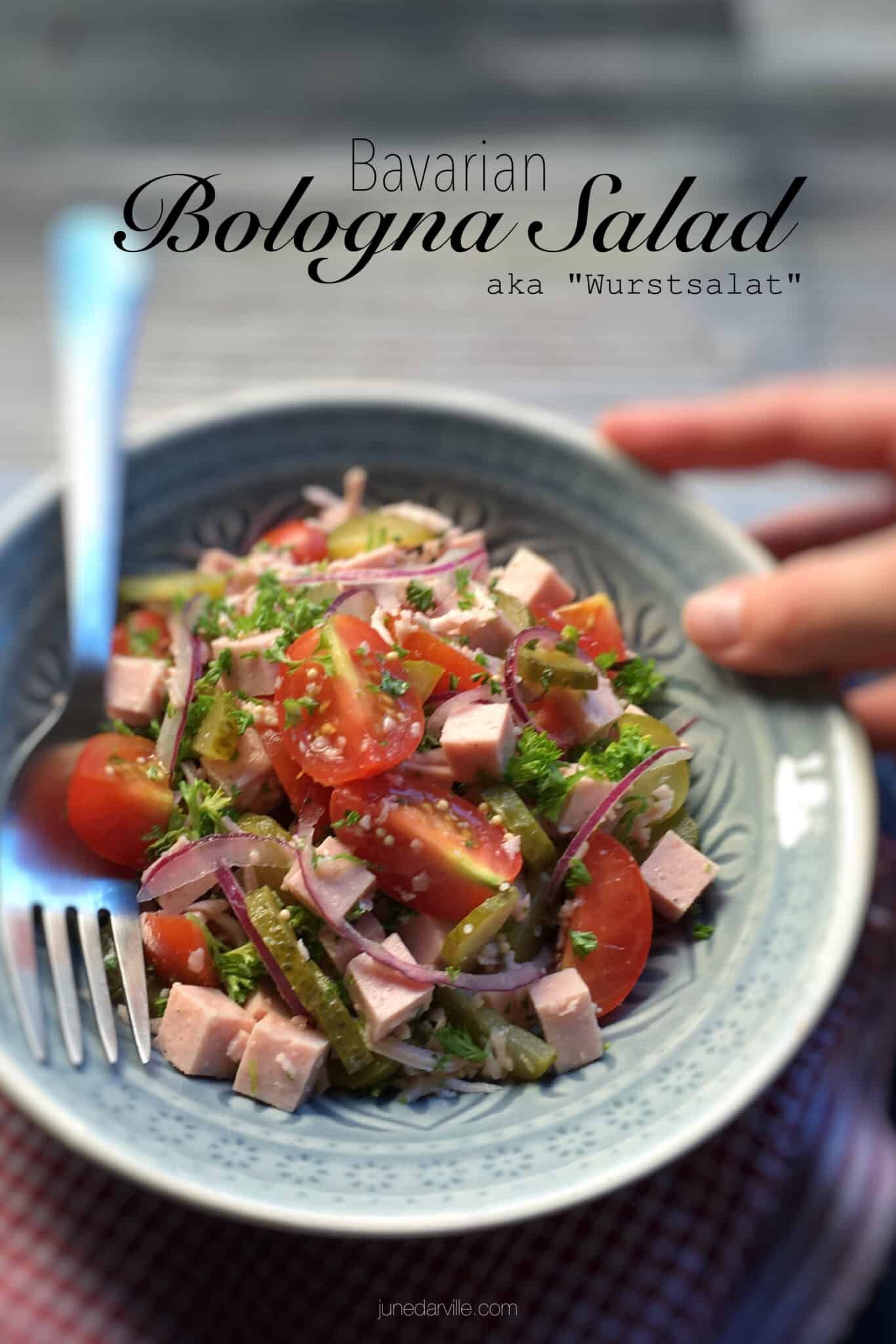 Classic Bavarian wurstsalat, a German bologna sausage salad with cherry tomatoes, vinegar, red onion and pickled gherkins!